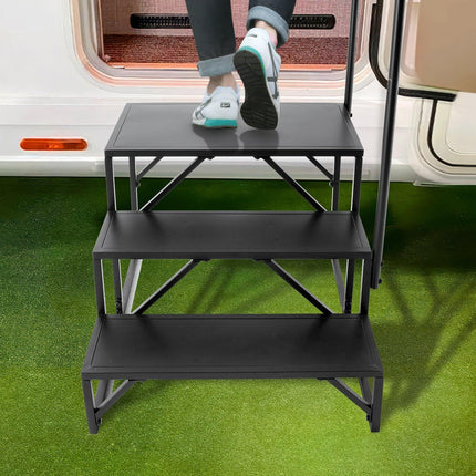 RV Steps, 3-Step RV Stairs, 199.58KGS Load Capacity, Thickened Carbon Steel, With Handrail, Non-Slip Steps for Safe Entry and Exit, Suit for RV, Trailer, Camper Steps.