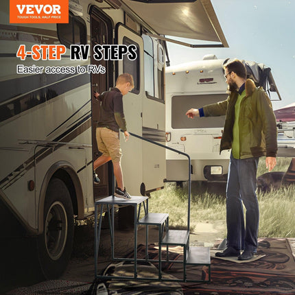 RV Steps, 4-Step RV Stairs, 199.58KGS Load Capacity, Thickened Carbon Steel, With Handrail, Non-Slip Steps for Safe Entry and Exit, Suit for RV, Trailer, Camper Steps.