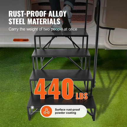RV Steps, 4-Step RV Stairs, 199.58KGS Load Capacity, Thickened Carbon Steel, With Handrail, Non-Slip Steps for Safe Entry and Exit, Suit for RV, Trailer, Camper Steps.