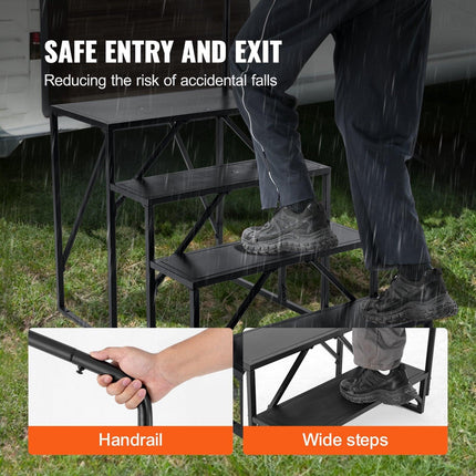 RV Steps, 4-Step RV Stairs, 199.58KGS Load Capacity, Thickened Carbon Steel, With Handrail, Non-Slip Steps for Safe Entry and Exit, Suit for RV, Trailer, Camper Steps.