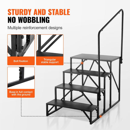 RV Steps, 4-Step RV Stairs, 199.58KGS Load Capacity, Thickened Carbon Steel, With Handrail, Non-Slip Steps for Safe Entry and Exit, Suit for RV, Trailer, Camper Steps.