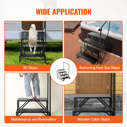 RV Steps, 4-Step RV Stairs, 199.58KGS Load Capacity, Thickened Carbon Steel, With Handrail, Non-Slip Steps for Safe Entry and Exit, Suit for RV, Trailer, Camper Steps.