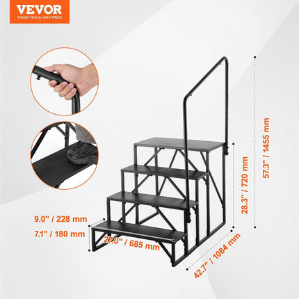RV Steps, 4-Step RV Stairs, 199.58KGS Load Capacity, Thickened Carbon Steel, With Handrail, Non-Slip Steps for Safe Entry and Exit, Suit for RV, Trailer, Camper Steps.