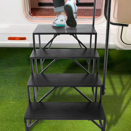 RV Steps, 4-Step RV Stairs, 199.58KGS Load Capacity, Thickened Carbon Steel, With Handrail, Non-Slip Steps for Safe Entry and Exit, Suit for RV, Trailer, Camper Steps.