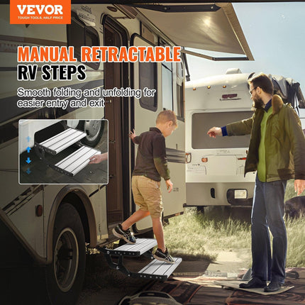 RV Steps, 2-Step, Manual Retractable RV Stairs, Foldable, 440 LBS Load Capacity, Aluminum Alloy Steps, Thickened Steel Plate, Non-Slip Steps for Safe Entry and Exit, RV, Trailer, Camper Steps.