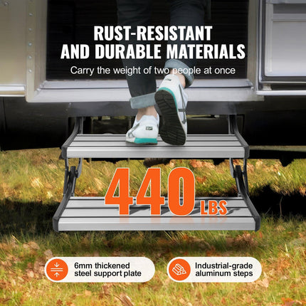 RV Steps, 2-Step, Manual Retractable RV Stairs, Foldable, 440 LBS Load Capacity, Aluminum Alloy Steps, Thickened Steel Plate, Non-Slip Steps for Safe Entry and Exit, RV, Trailer, Camper Steps.