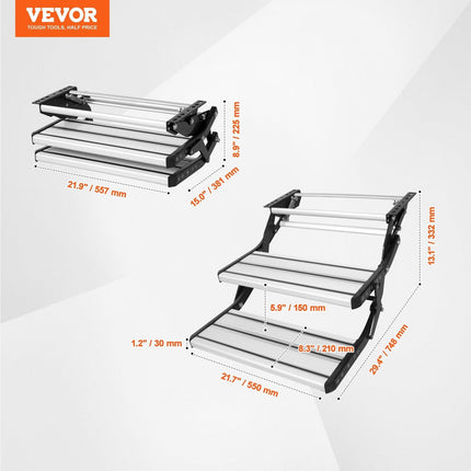 RV Steps, 2-Step, Manual Retractable RV Stairs, Foldable, 440 LBS Load Capacity, Aluminum Alloy Steps, Thickened Steel Plate, Non-Slip Steps for Safe Entry and Exit, RV, Trailer, Camper Steps.