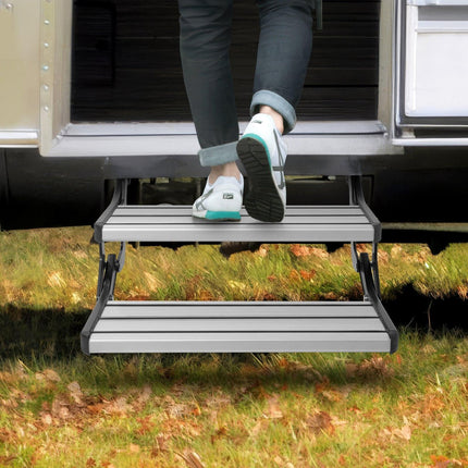 RV Steps, 2-Step, Manual Retractable RV Stairs, Foldable, 440 LBS Load Capacity, Aluminum Alloy Steps, Thickened Steel Plate, Non-Slip Steps for Safe Entry and Exit, RV, Trailer, Camper Steps.