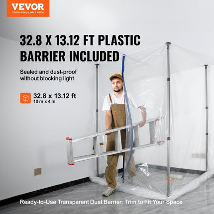 Dust Barrier Poles, 10 Ft Barrier Poles, Dust Barrier System with 4 Telescoping Poles, Magnetic Zipper, Carry Bag and 32.8x13.12 Ft Plastic Film, for Interior Decoration, Painting.