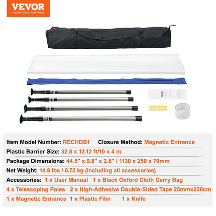 Dust Barrier Poles, 10 Ft Barrier Poles, Dust Barrier System with 4 Telescoping Poles, Magnetic Zipper, Carry Bag and 32.8x13.12 Ft Plastic Film, for Interior Decoration, Painting.
