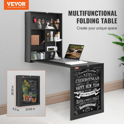 Wall Mounted Desk, Fold out Convertible Desk, Multi-Function Folding Wall Table with Chalkboard for Home Office, Space Saving Computer Desk with Storage Area.