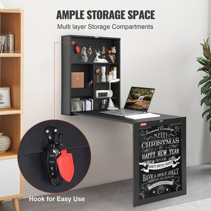 Wall Mounted Desk, Fold out Convertible Desk, Multi-Function Folding Wall Table with Chalkboard for Home Office, Space Saving Computer Desk with Storage Area.