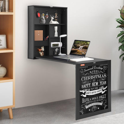 Wall Mounted Desk, Fold out Convertible Desk, Multi-Function Folding Wall Table with Chalkboard for Home Office, Space Saving Computer Desk with Storage Area.