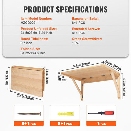 Wall Mounted Folding Table, Wall Mounted Drop Leaf Tables, Solid Wood Floating Desk for Dining, Laundry Room, Office, 31.5" x 23.58" x 17.24" Fold Down Desk.