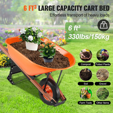 Wheelbarrow Cart One Wheel 6 Cu Ft Garden Dump Cart 330 lbs Utility Cart.