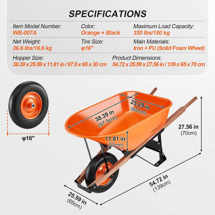 Wheelbarrow Cart One Wheel 6 Cu Ft Garden Dump Cart 330 lbs Utility Cart.