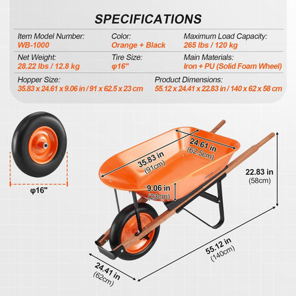 Wheelbarrow Cart One Wheel Garden Dump Cart 330 lbs Yard Utility Cart.