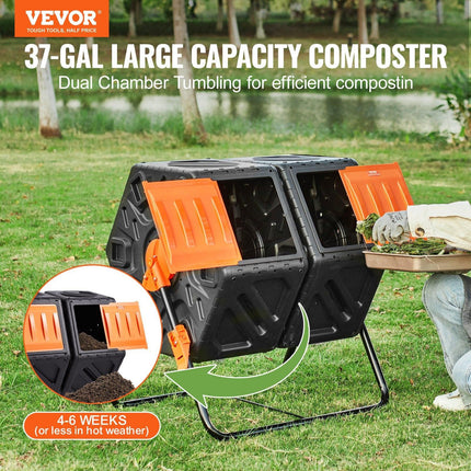 Compost Bin 37 Gal Dual-Chamber Composter Tumbler Rotating Sliding Doors.