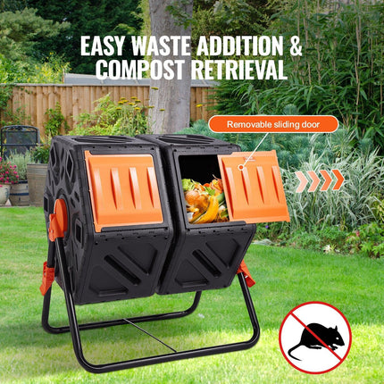Compost Bin 37 Gal Dual-Chamber Composter Tumbler Rotating Sliding Doors.