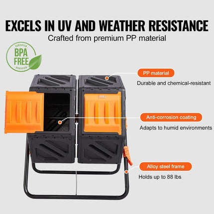 Compost Bin 37 Gal Dual-Chamber Composter Tumbler Rotating Sliding Doors.
