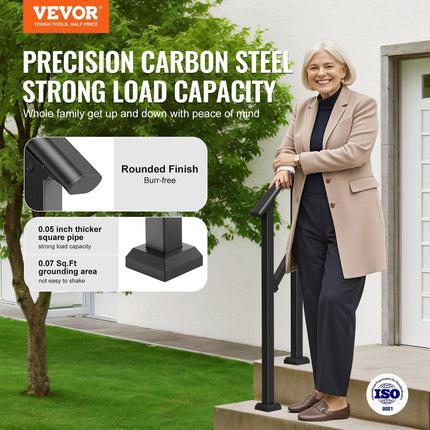 Handrails for Outdoor Steps, 1-2 Step Stair Hand Rail Kit, Transitional Carbon Steel Railings with Installation Kit, Stair Rails for Seniors, Concrete Steps & Porch & Deck, Black Square Tube.
