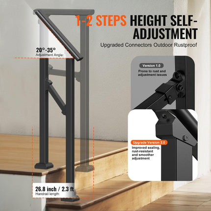 Handrails for Outdoor Steps, 1-2 Step Stair Hand Rail Kit, Transitional Carbon Steel Railings with Installation Kit, Stair Rails for Seniors, Concrete Steps & Porch & Deck, Black Square Tube.