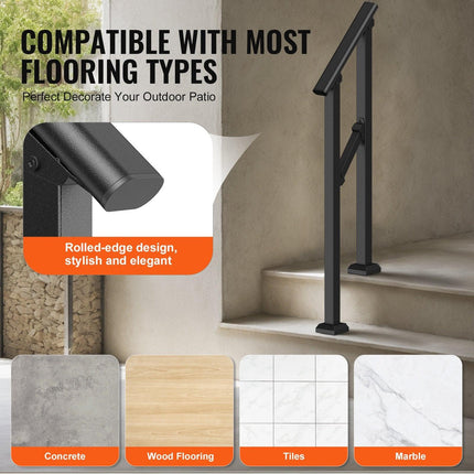 Handrails for Outdoor Steps, 1-2 Step Stair Hand Rail Kit, Transitional Carbon Steel Railings with Installation Kit, Stair Rails for Seniors, Concrete Steps & Porch & Deck, Black Square Tube.