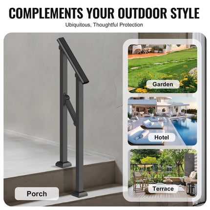 Handrails for Outdoor Steps, 1-2 Step Stair Hand Rail Kit, Transitional Carbon Steel Railings with Installation Kit, Stair Rails for Seniors, Concrete Steps & Porch & Deck, Black Square Tube.