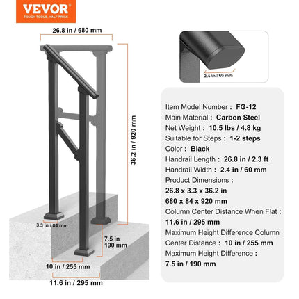 Handrails for Outdoor Steps, 1-2 Step Stair Hand Rail Kit, Transitional Carbon Steel Railings with Installation Kit, Stair Rails for Seniors, Concrete Steps & Porch & Deck, Black Square Tube.