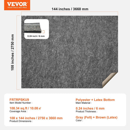 Non Slip Rug Pad Gripper 9' x 12' Carpet Mat 0.24" Thick for All Floor.