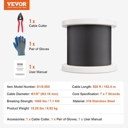 T316 Stainless Steel Cable 3.18mm 7x7 Steel Wire Rope 152.4m Cable Railing.