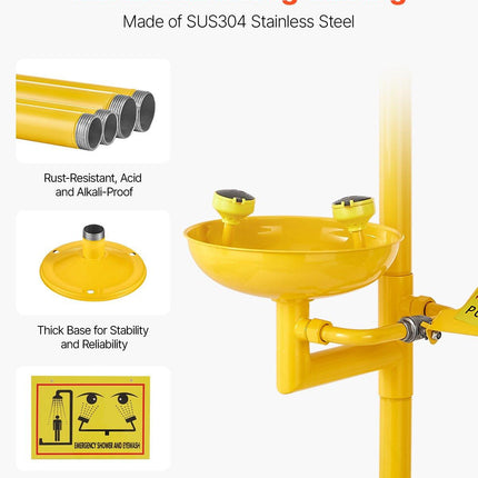 Emergency Shower Eye Wash Station, 34.25 x 15.75 x 91.73 Inch 304 Stainless Steel Eyewash and Shower Combination, OSHA-Approved First Aid Eye Wash Station, for Schools, Labs, Factories, Yellow.