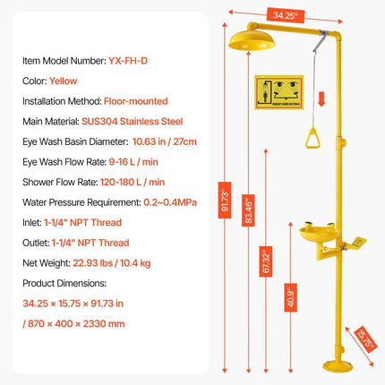 Emergency Shower Eye Wash Station, 34.25 x 15.75 x 91.73 Inch 304 Stainless Steel Eyewash and Shower Combination, OSHA-Approved First Aid Eye Wash Station, for Schools, Labs, Factories, Yellow.