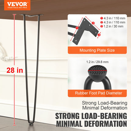711.2MM Hairpin Furniture Legs, Metal Home DIY Projects for Nightstand, Coffee Table, Desk, 226.8KG Load Capacity with Rubber Floor Protectors, Metal Heavy Duty Sturdy Modern Table Legs, 4PCS.