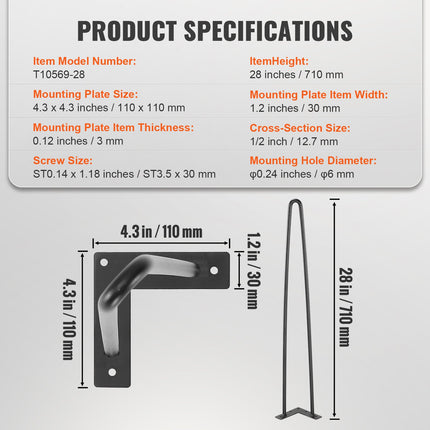 711.2MM Hairpin Furniture Legs, Metal Home DIY Projects for Nightstand, Coffee Table, Desk, 226.8KG Load Capacity with Rubber Floor Protectors, Metal Heavy Duty Sturdy Modern Table Legs, 4PCS.