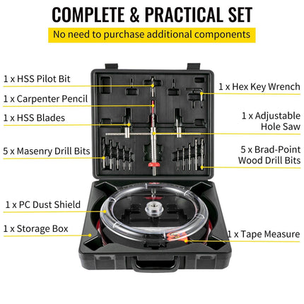 Adjustable Hole Saw Cutter Kit, 1-5/8\" to 11-13 /16\" (40-300 mm), Recessed Hole Saw with PC Dust Shield, Two Replaceable Pilot Drill Bits, for Recessed Lights, Ceiling Speakers, Vent Holes.
