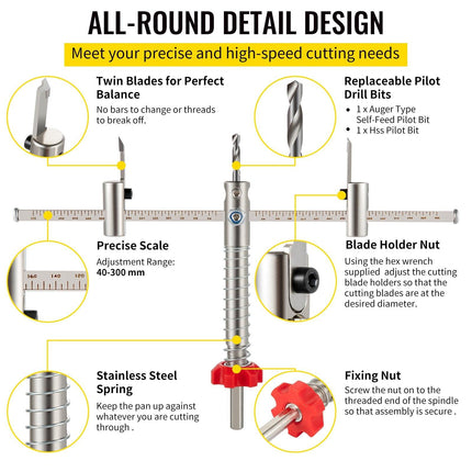 Adjustable Hole Saw Cutter Kit, 1-5/8\" to 11-13 /16\" (40-300 mm), Recessed Hole Saw with PC Dust Shield, Two Replaceable Pilot Drill Bits, for Recessed Lights, Ceiling Speakers, Vent Holes.