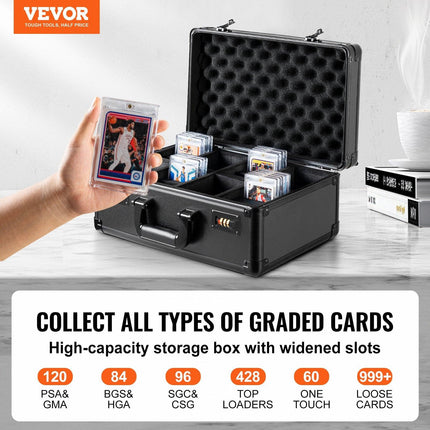 Graded Card Storage Box, 4 Slots, Graded Sports Cards Holder Carrying Case with Coded Lock Foam Dividers, for 120 PSA Graded Cards 84 BGS Cards 96 SGC Cards 428 Top Loaders or 999+ Loose Cards.