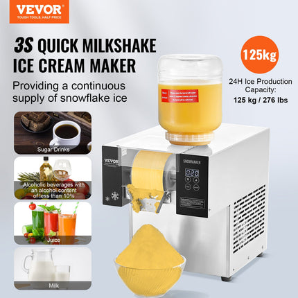 Commercial Snowflake Ice Machine, 276LBS/24H Snowflake Ice Maker, Stainless Steel Ice Shaver Machine, Electric Snow Cone Maker, Air Cooling System for Rapid Heat Dissipation, for Bakery, Cafe.