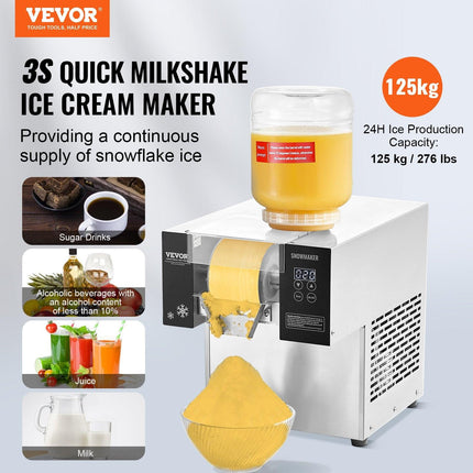 Commercial Snowflake Ice Machine, 276LBS/24H Snowflake Ice Maker, Stainless Steel Ice Shaver Machine, Electric Snow Cone Maker, Air Cooling System for Rapid Heat Dissipation, for Bakery, Cafe.
