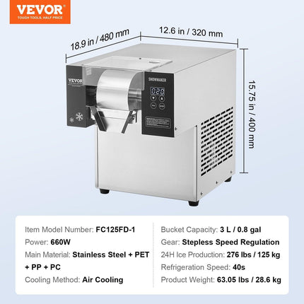 Commercial Snowflake Ice Machine, 276LBS/24H Snowflake Ice Maker, Stainless Steel Ice Shaver Machine, Electric Snow Cone Maker, Air Cooling System for Rapid Heat Dissipation, for Bakery, Cafe.