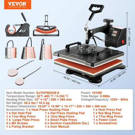 1400W Heat Press Machine 8 In 1 Sublimation Steel Frame Heat Presses with Temperature And Time Control (12X15INCH 8IN1).