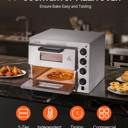 Commercial Pizza Oven Countertop, 14-Inch Double Deck Layer, Stainless Steel Electric Pizza Oven with Stone and Handle, Multipurpose Indoor Pizza Maker for Restaurant Home Pretzels Baked.