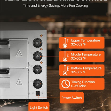 Commercial Pizza Oven Countertop, 14-Inch Double Deck Layer, Stainless Steel Electric Pizza Oven with Stone and Handle, Multipurpose Indoor Pizza Maker for Restaurant Home Pretzels Baked.