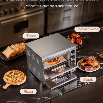 Commercial Pizza Oven Countertop, 14-Inch Double Deck Layer, Stainless Steel Electric Pizza Oven with Stone and Handle, Multipurpose Indoor Pizza Maker for Restaurant Home Pretzels Baked.