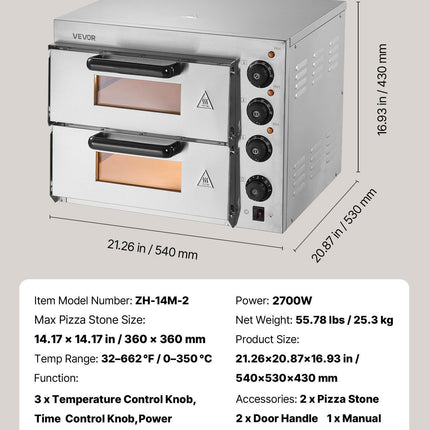 Commercial Pizza Oven Countertop, 14-Inch Double Deck Layer, Stainless Steel Electric Pizza Oven with Stone and Handle, Multipurpose Indoor Pizza Maker for Restaurant Home Pretzels Baked.