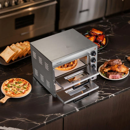 Commercial Pizza Oven Countertop, 14-Inch Double Deck Layer, Stainless Steel Electric Pizza Oven with Stone and Handle, Multipurpose Indoor Pizza Maker for Restaurant Home Pretzels Baked.