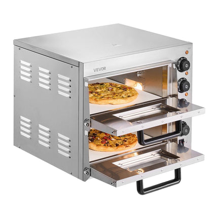 Commercial Pizza Oven Countertop, 14-Inch Double Deck Layer, Stainless Steel Electric Pizza Oven with Stone and Handle, Multipurpose Indoor Pizza Maker for Restaurant Home Pretzels Baked.