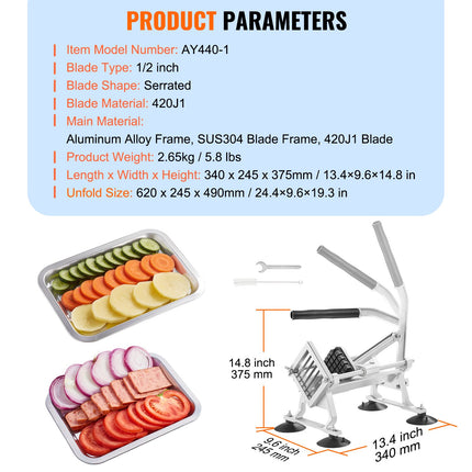 Commercial Vegetable Slicer, 1/2 inch Fruit Slicer, Stainless Steel and Aluminum Alloy Vegetable Cutter Slicer Machine, Manual Slicer with Non-slip Feet, for Radishes, Onions, Potatoes, Lemons.