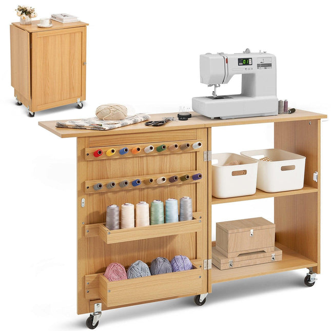 Folding Sewing Table with Lockable Wheels Shelves Trays Door Wood Color.